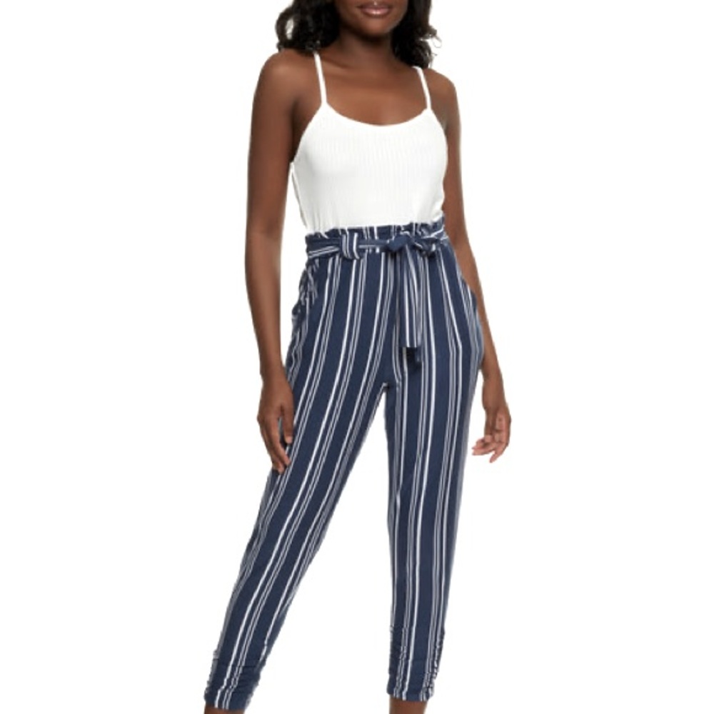 (A5) Jolie & Joy Striped Paper Bag Waist Jumpsuit - Navy,‎ Size XL, NWT